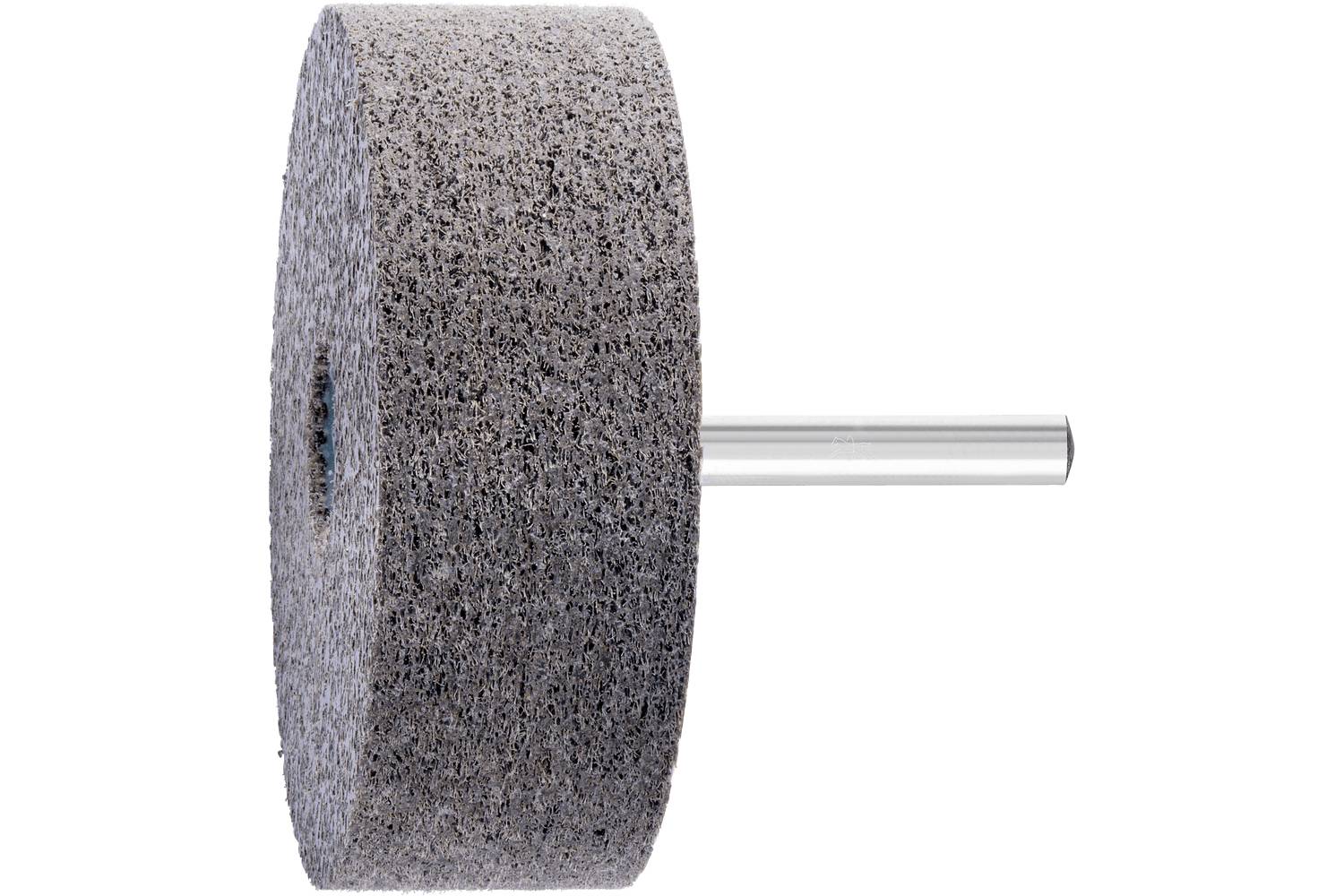 Close-up of a gray abrasive grinding wheel mounted on a metal shaft, shown side view on a white background.