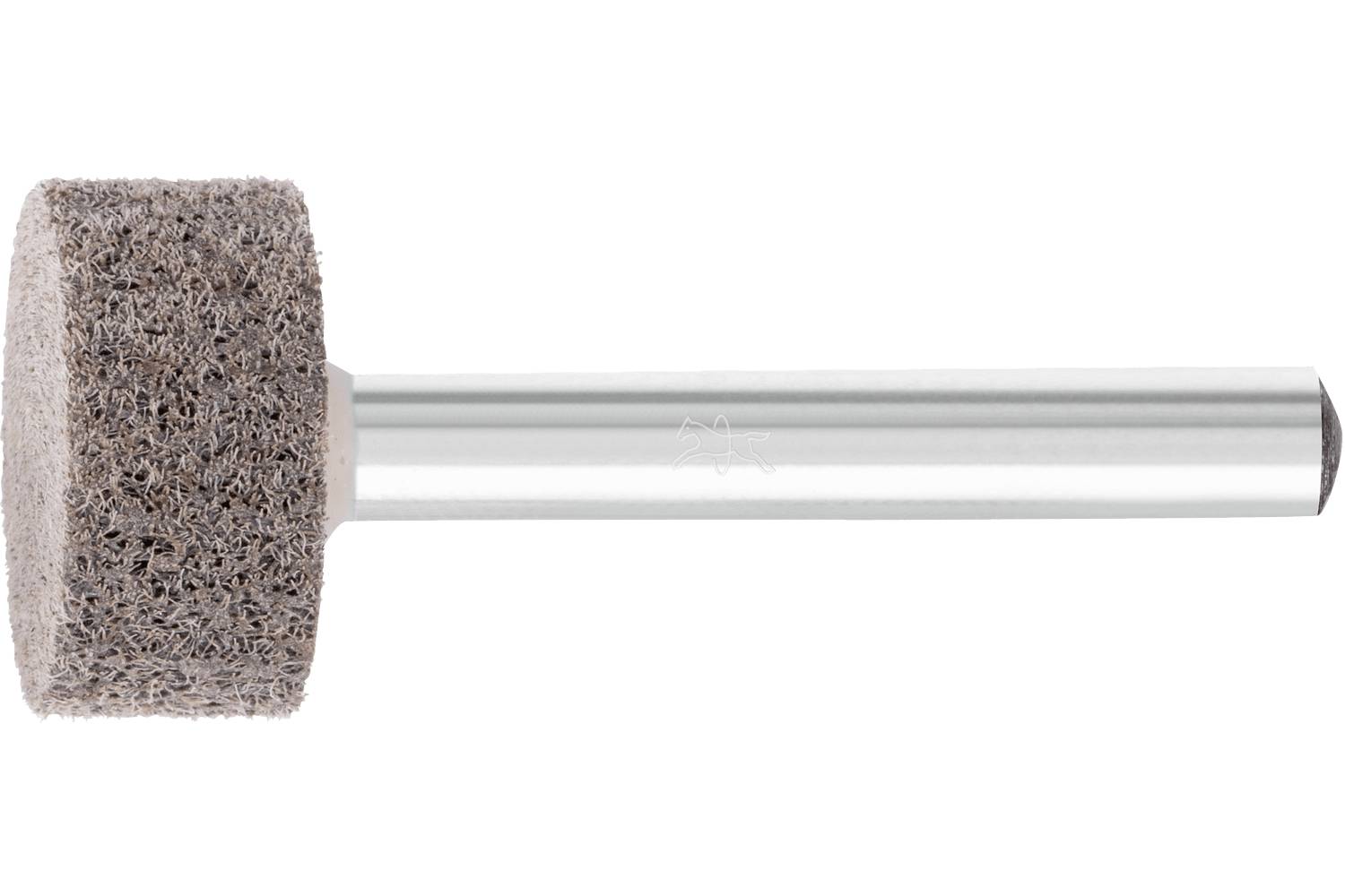 A cylindrical abrasive grinding stone attached to a metal shaft, shown on a white background.