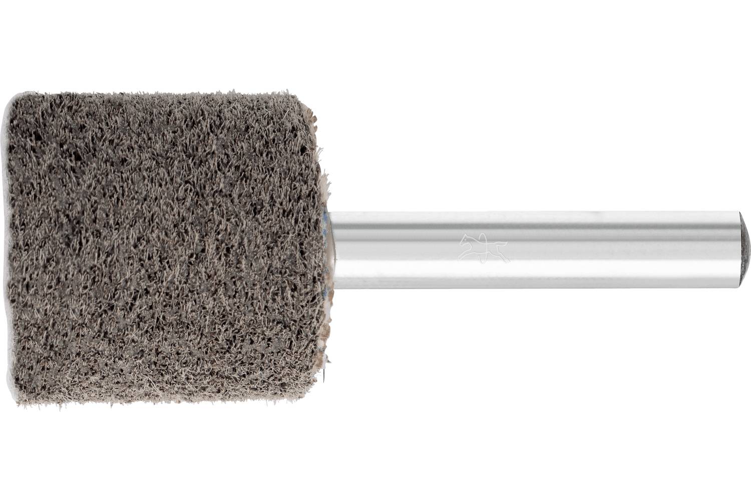 A cylindrical abrasive flap wheel mounted on a metal shaft, shown on a white background.