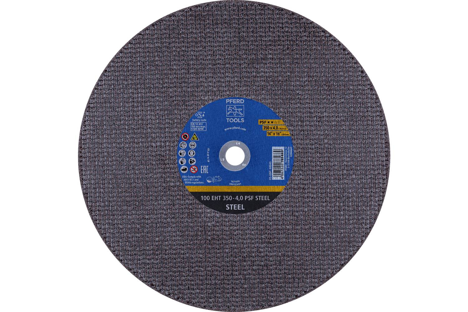 Circular abrasive cutting wheel labeled 'PFERD TOOLS' and 'STEEL' on a white background.