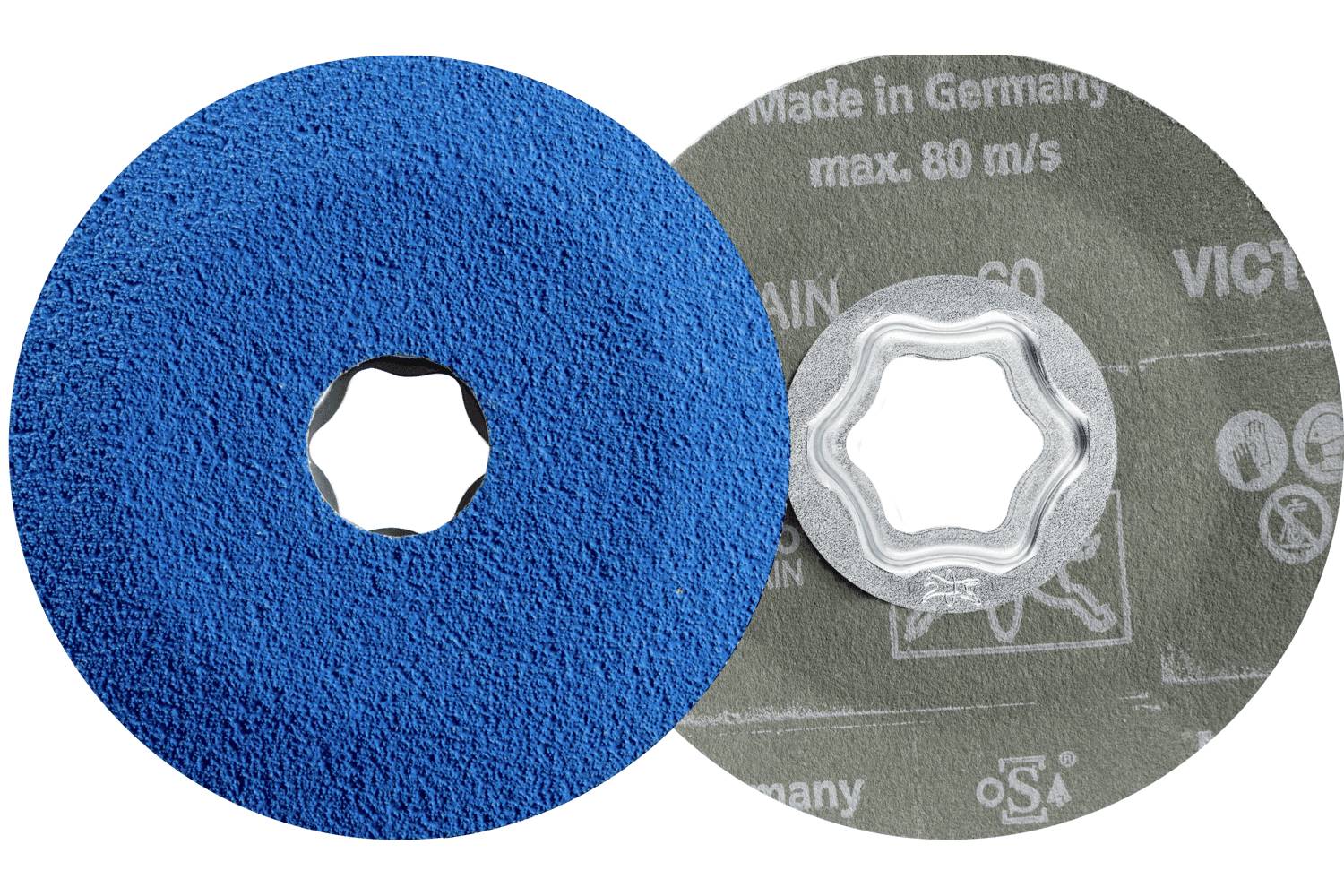 Nahaufnahme einer kreisförmigen Schleifscheibe mit einer Metallmittelbefestigung, mit der Marke „PFERD
