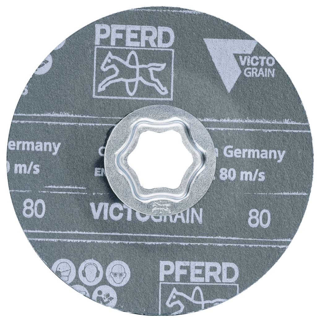 Nahaufnahme einer kreisförmigen PFERD VICTOGRAIN Schleifscheibe mit einer zentralen Befestigungsmutter aus Metall, gekennzeichnet für Deutschland und 80 m/s.