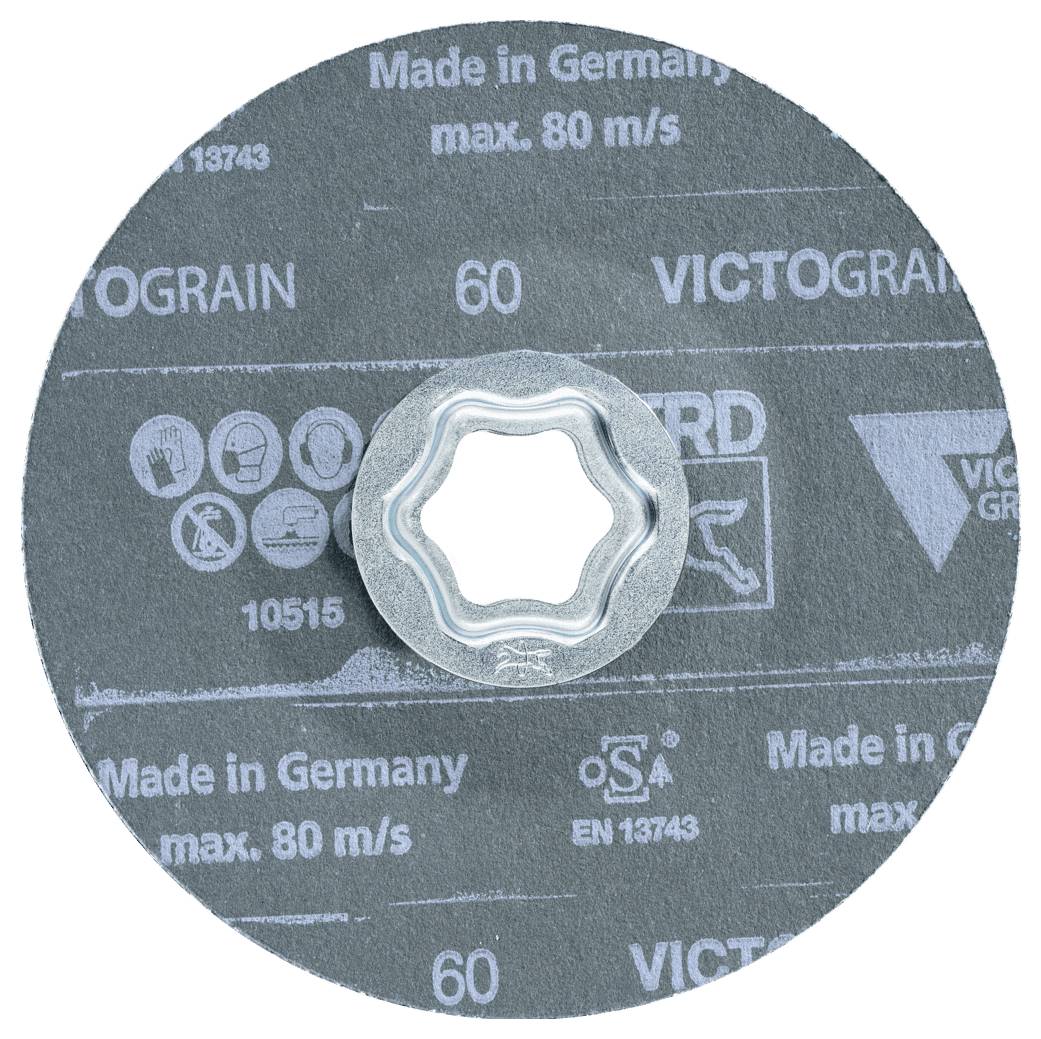 Nahaufnahme einer VICTOGRAIN-Schneidescheibe mit einer Metallmutter in der Mitte; das Etikett zeigt „Made in Germany