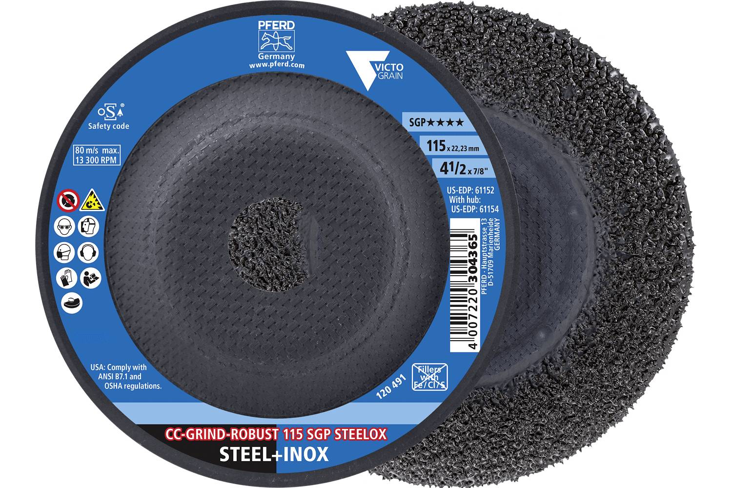 Nahaufnahme einer mit blauem Etikett versehenen Schleifscheibe mit strukturiertem schwarzem Rad, gekennzeichnet mit „CC-GRIND-ROBUST 115 SGP STEELOX
