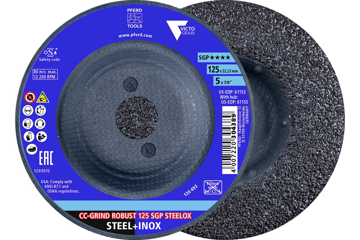 A blue-labeled abrasive grinding disc with a central hole, shown on a textured black backing, labeled 'CC-GRIND ROBUST 125 SGP STEELOX' and 'STEEL+INOX'.