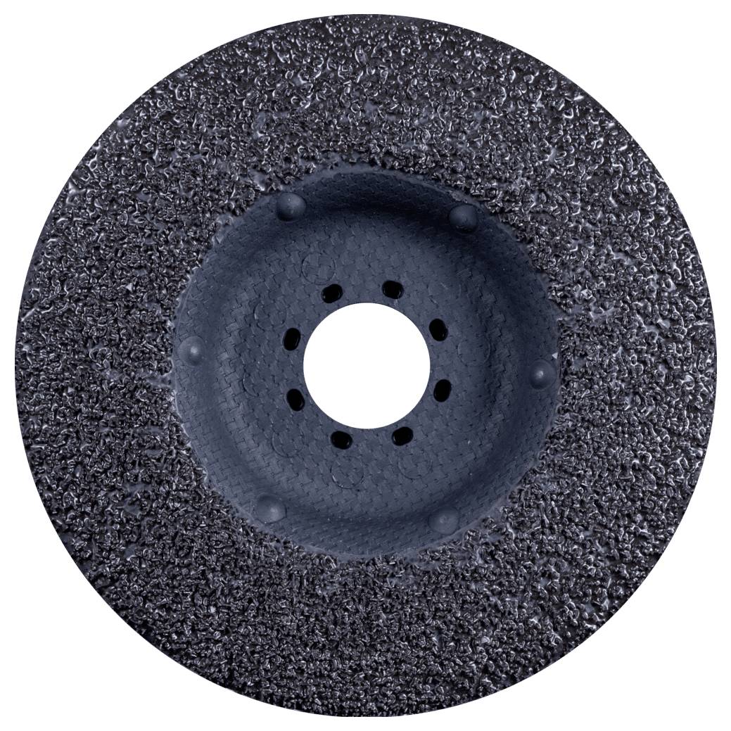 Close-up of a circular black textured abrasive disc with a central hole and small vent holes around it.