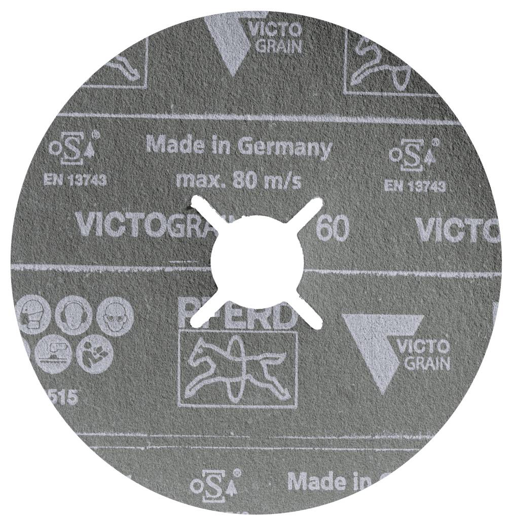 Nahaufnahme einer kreisförmigen Schleifscheibe mit einem zentralen Befestigungsloch, beschriftet mit „Made in Germany