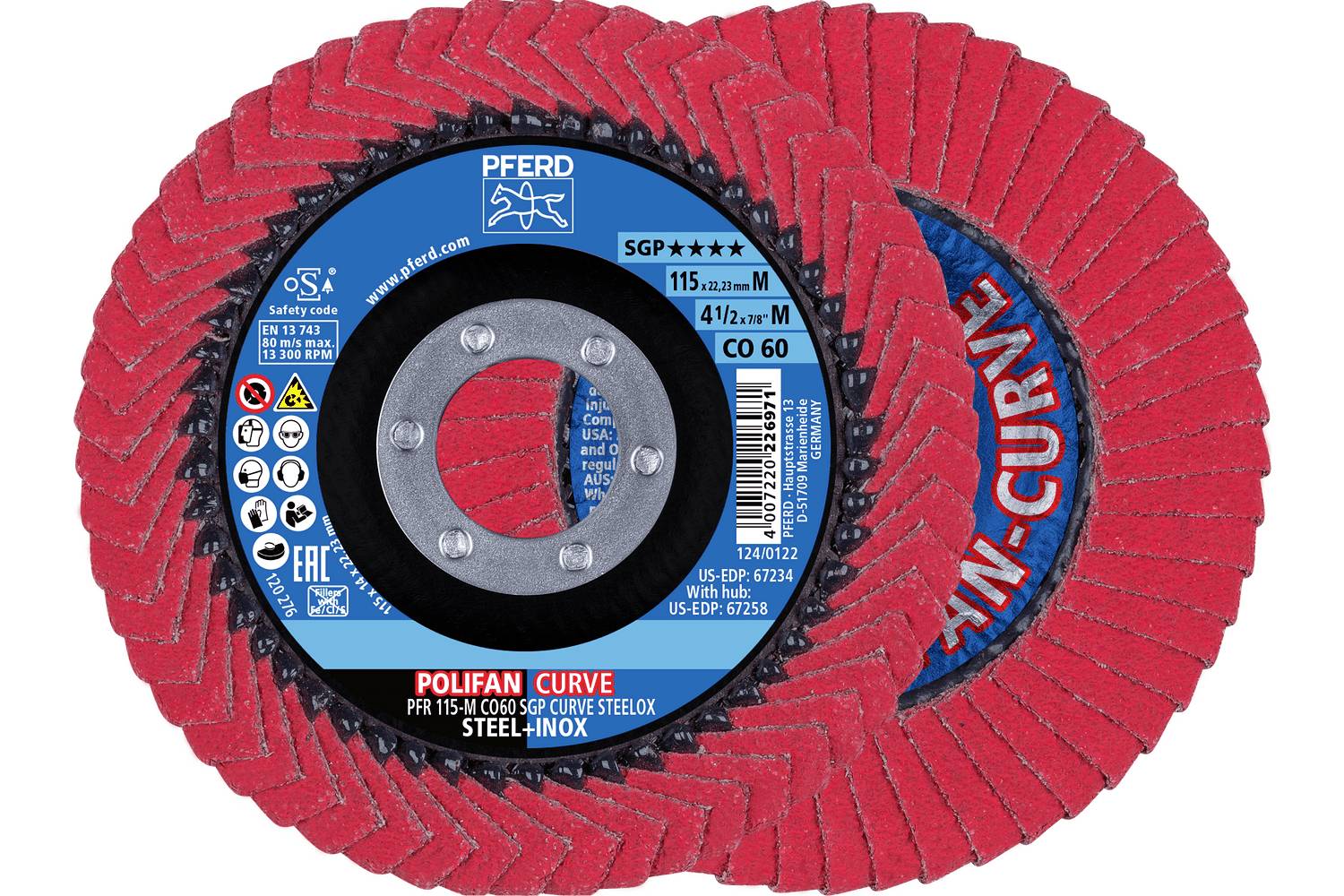 A stack of red abrasive flap discs for a power grinder, labeled 'POLIFAN CURVE' and 'AAN-CURVE', with a blue center hub.