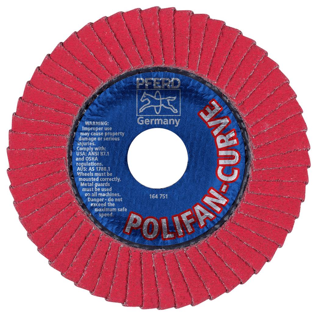 Red abrasive flap wheel with blue center label reading 'PFERD Germany' and 'POLIFAN-CURVE' for grinding or sanding.
