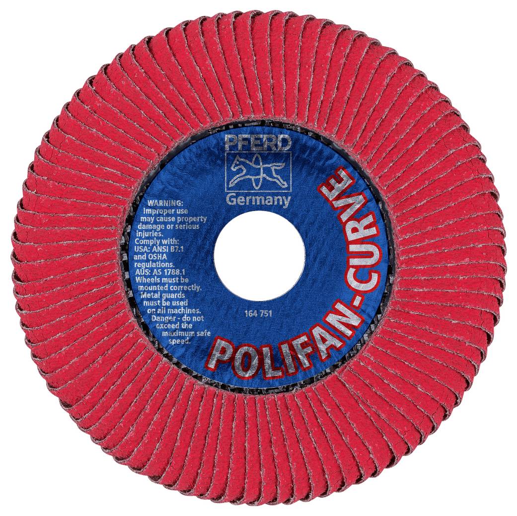 Rotes Schleiflamellrad mit blauem mittlerem Etikett mit der Aufschrift 