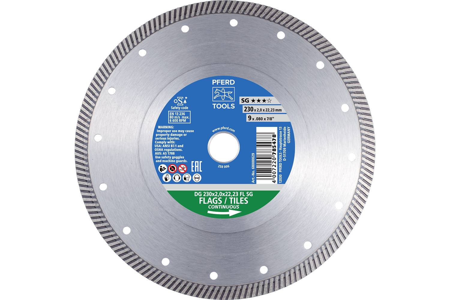 A silver circular diamond saw blade with a blue and green PFERD Tools label and cutout holes around the edge, shown on a white background.