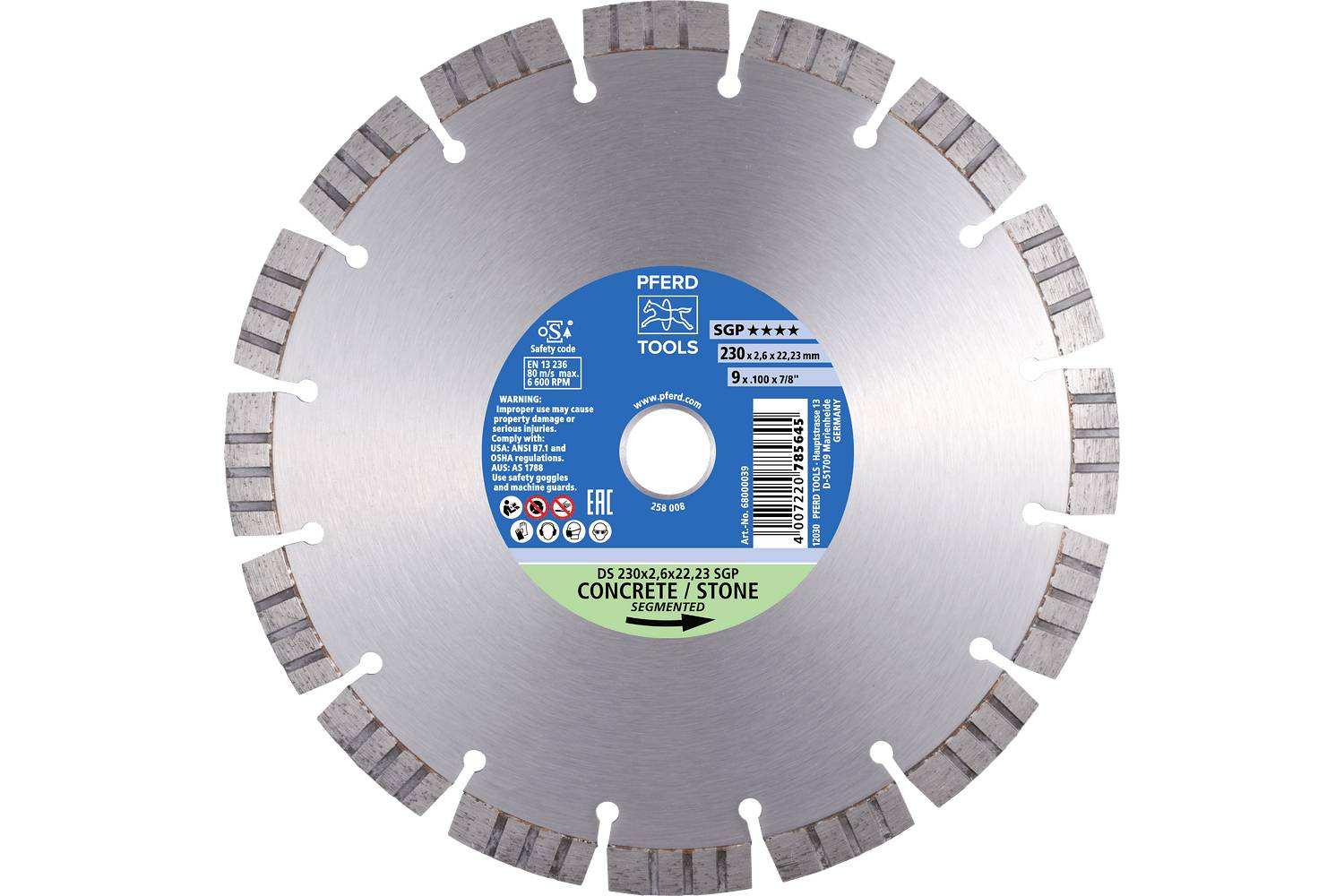 PFERD TOOLS 68000039 DS 230 x 2,4 x 22,23 SGP Diamanttrennscheibe Durchmesser 230mm Bohrungs-Ø 22.23mm Ziegel, Stahlbeton, Stein