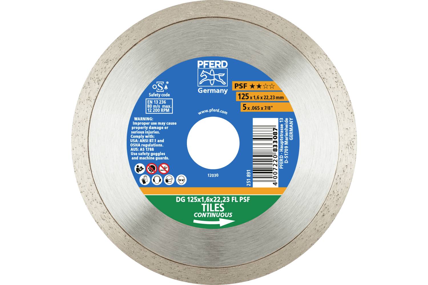 PFERD TOOLS 68300041 DG 125 x 1,6 x 22,23 FL PSF (ZA) Diamanttrennscheibe Durchmesser 125mm Bohrungs-Ø 22.23mm Fliesen 1St.