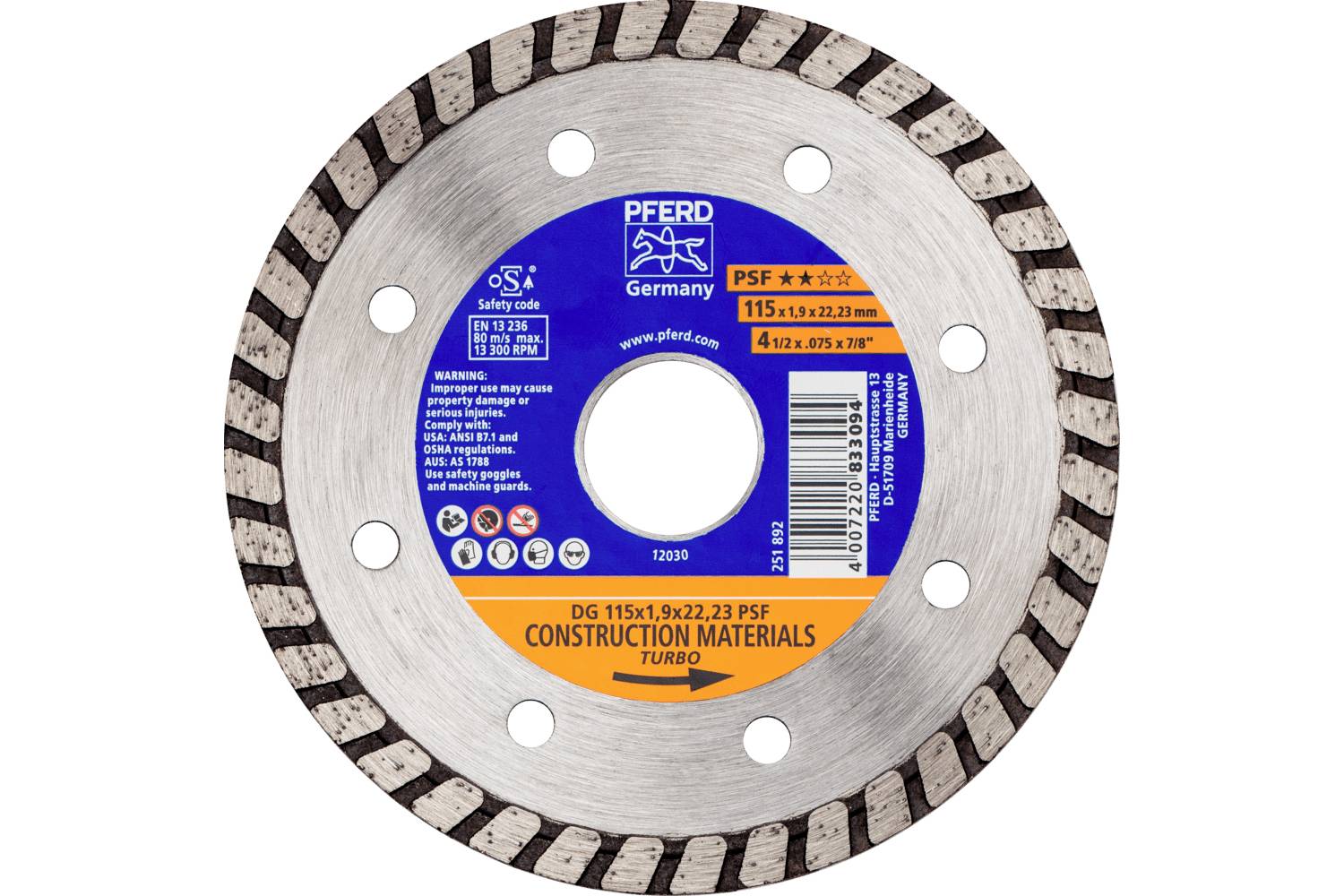 PFERD TOOLS 68300042 DG 115x1,9x22,23 START Diamanttrennscheibe Durchmesser 115mm Bohrungs-Ø 22.23mm Ziegel, Stahlbeton, Beton