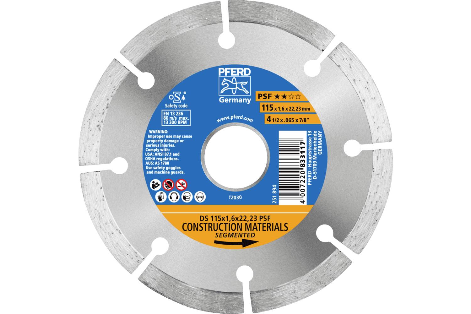 PFERD TOOLS 68300044 DS 115x1,6x22,23 START Diamanttrennscheibe Durchmesser 115mm Bohrungs-Ø 22.23mm Ziegel, Stahlbeton, Beton