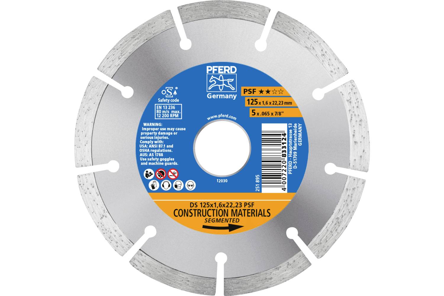 PFERD TOOLS 68300045 DS 125x1,6x22,23 START Diamanttrennscheibe Durchmesser 125mm Bohrungs-Ø 22.23mm Ziegel, Stahlbeton, Beton