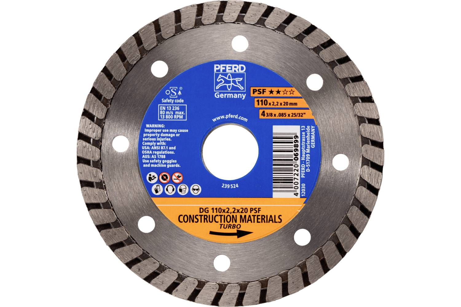 A circular diamond-tipped cutting blade with a blue and orange PFRED label, shown front-on on a white background.