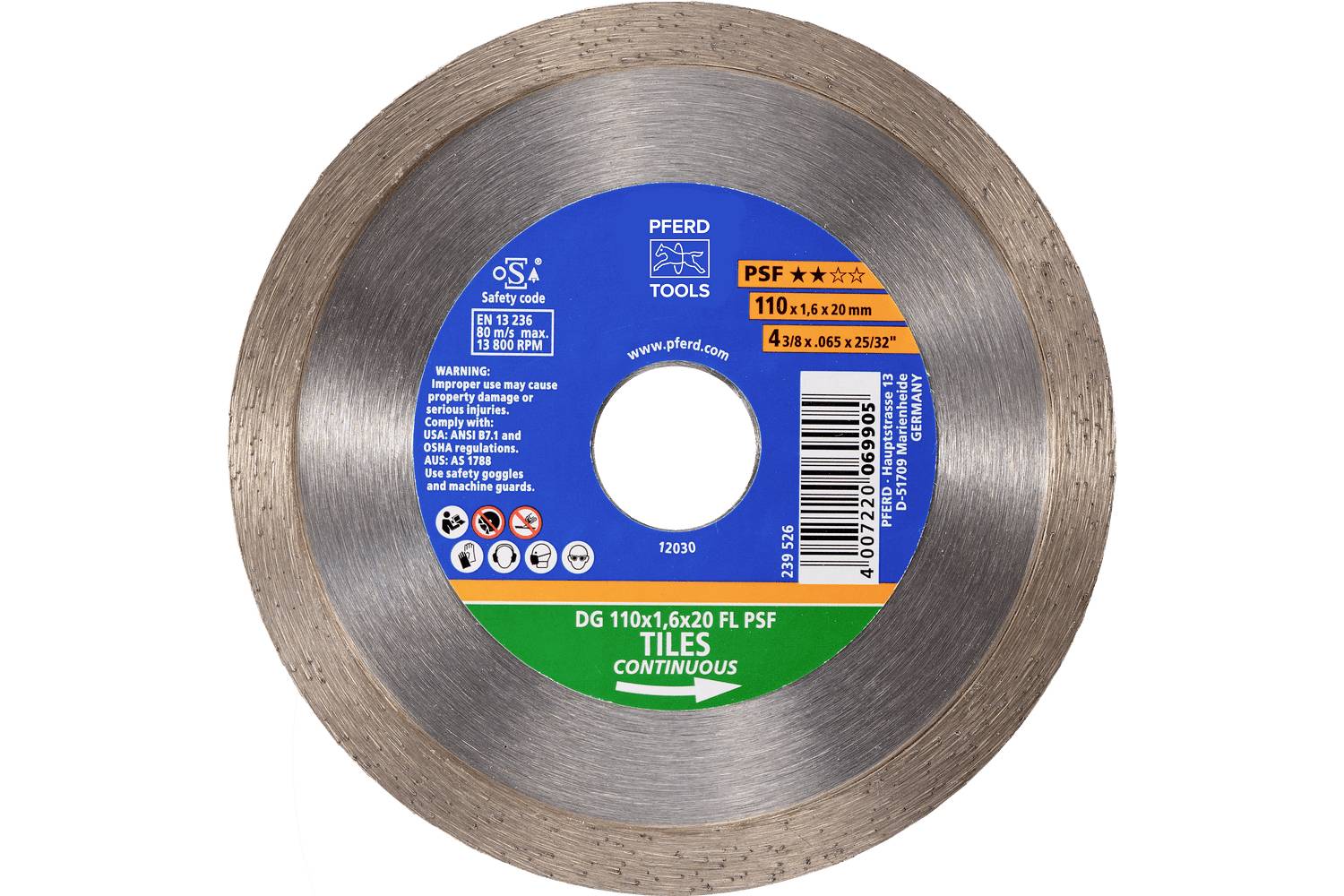 PFERD TOOLS 68300057 DG 110 x 1,6 x 20 FL PSF Diamanttrennscheibe Durchmesser 110mm Bohrungs-Ø 20mm Fliesen 1St.