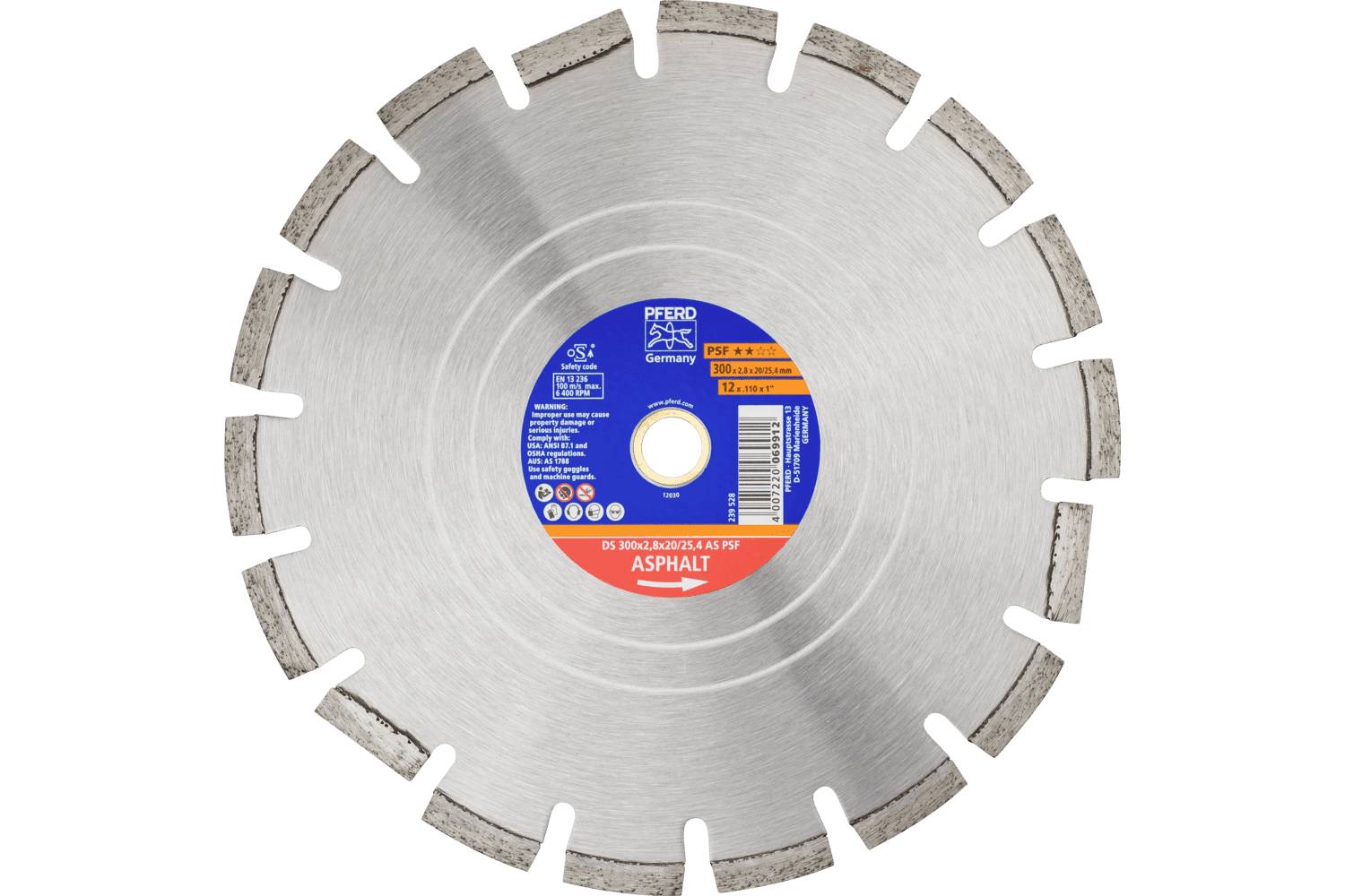A circular diamond saw blade with segmented cutting edge and a blue-and-orange center label, shown on a white background.