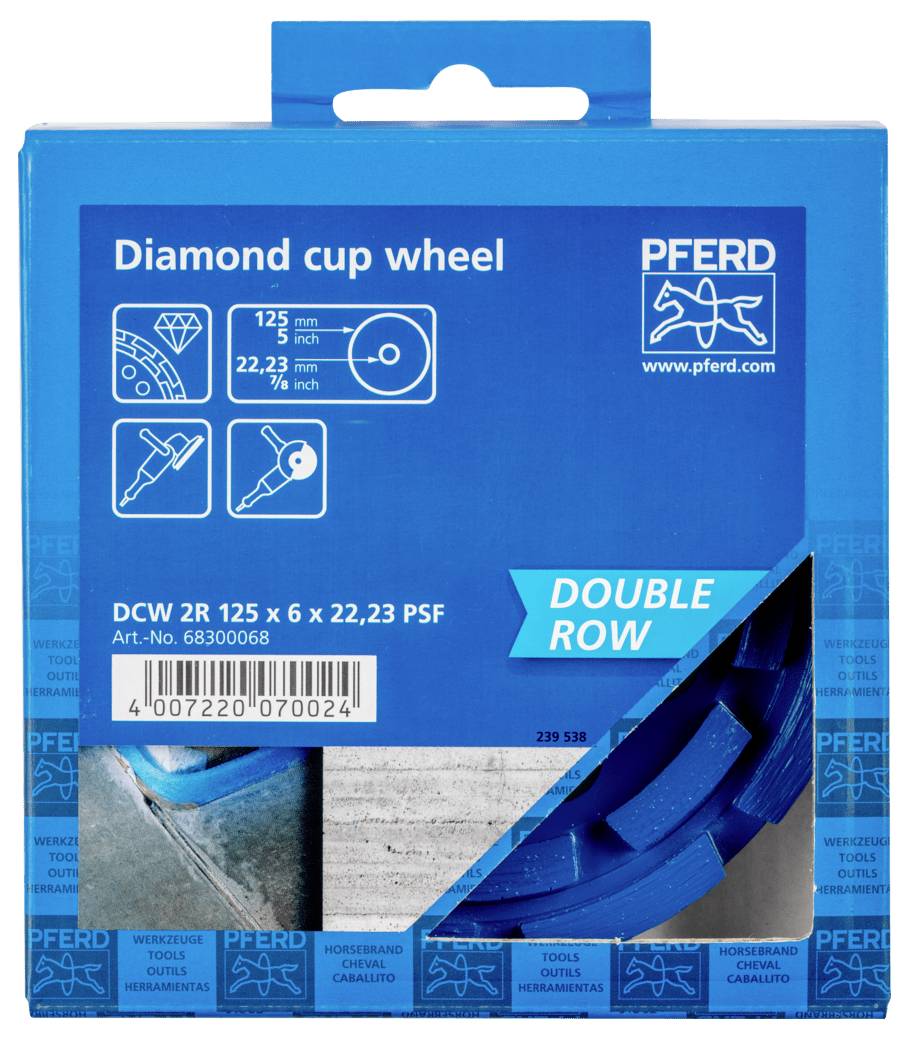 Blaue PFERD-Verpackung für eine Diamantschleiftasse, beschriftet mit „Diamond cup wheel