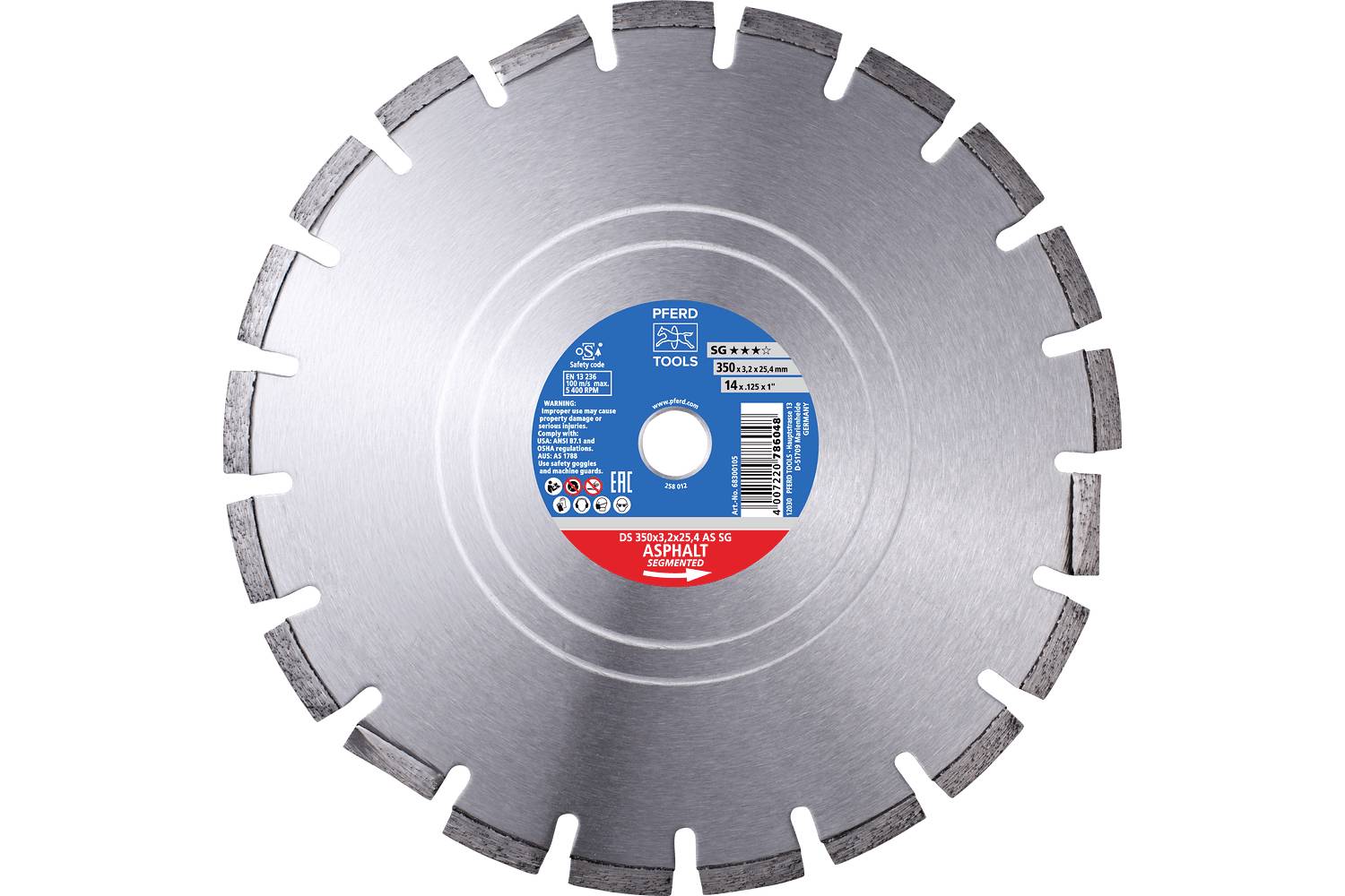 Circular diamond saw blade with segmented cutting edge and a blue-and-red center label for asphalt cutting.