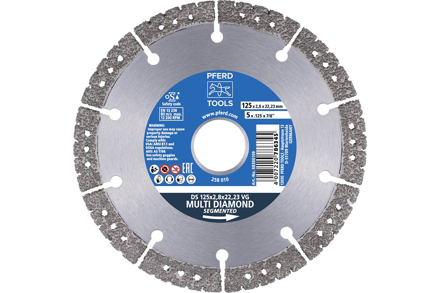 Circular segmented diamond saw blade labeled 'PFERD TOOLS' with size and barcode information on a blue center label.