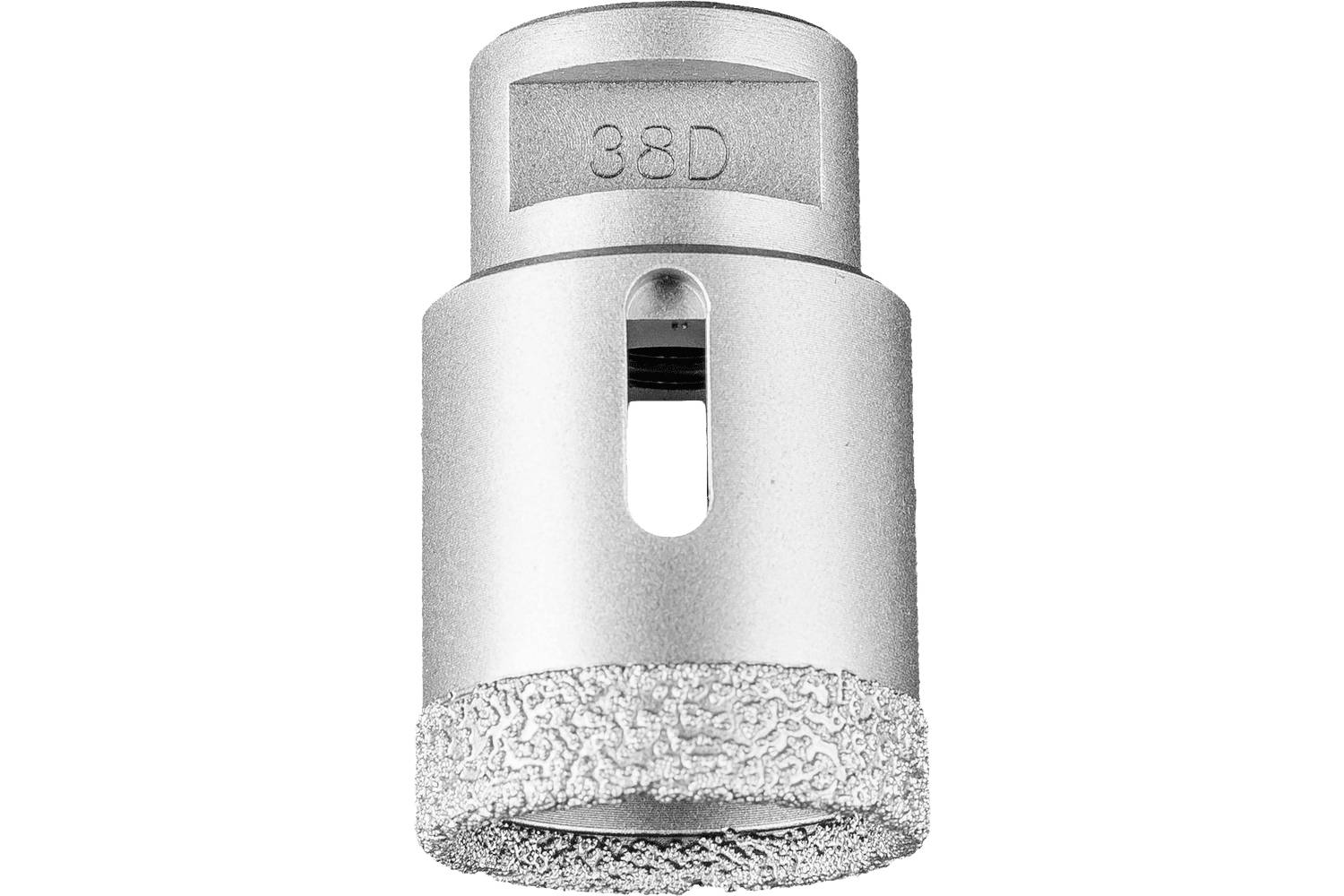 Metal diamond-core drill bit labeled '38D' with a slotted side opening and rough cutting edge
