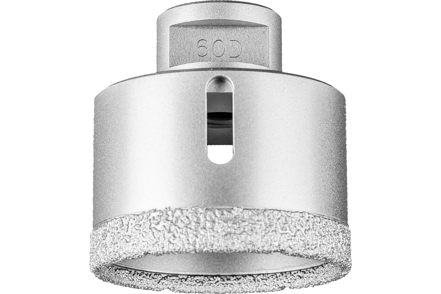 A silver diamond-tipped hole saw drill bit, labeled '60D', shown against a white background.