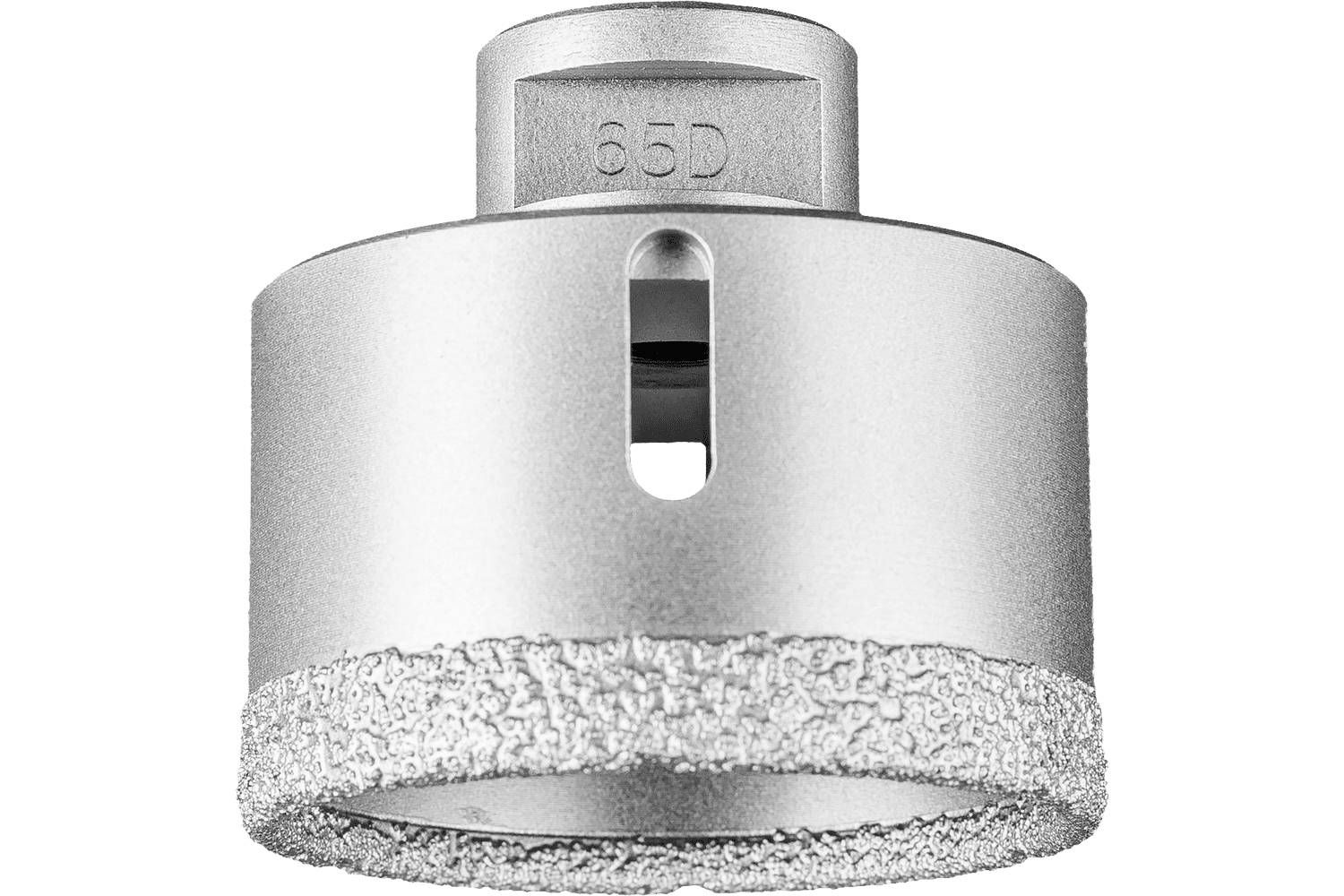 Silver cylindrical drill bit with a textured cutting edge and '65D' marking on top, shown on a white background.