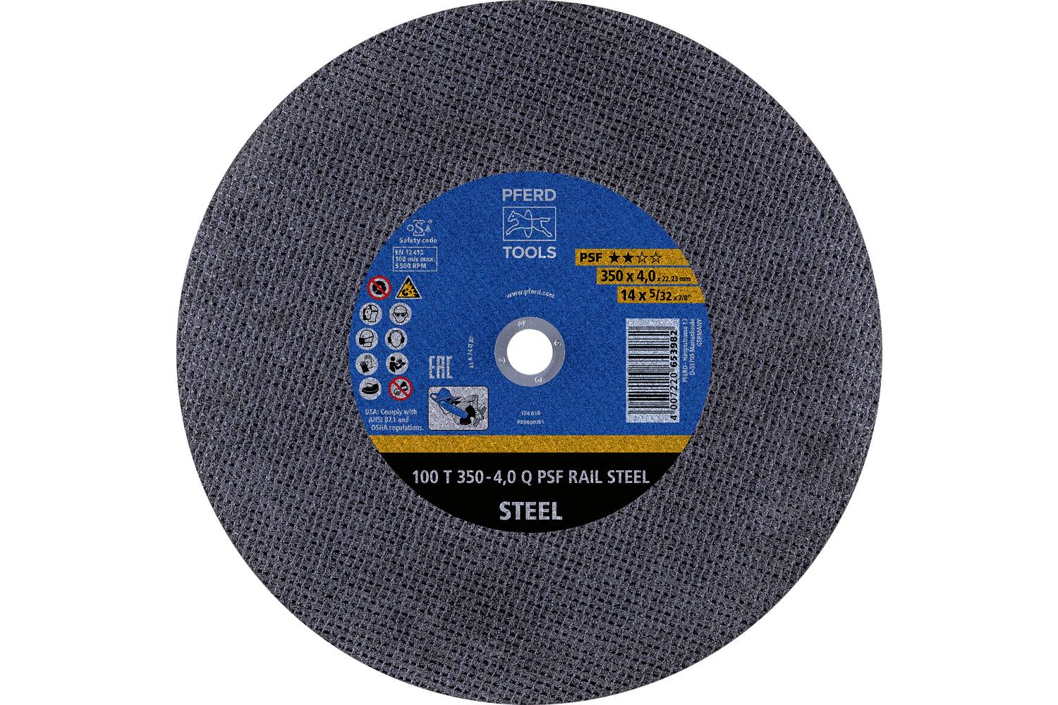 A circular abrasive cutting wheel labeled 'PEERD TOOLS' and 'STEEL' with size and safety markings on a blue center label.