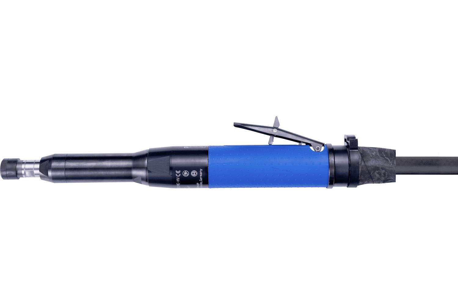 Side view of a blue and black industrial tool or device attached to a cable, shown against a white background.