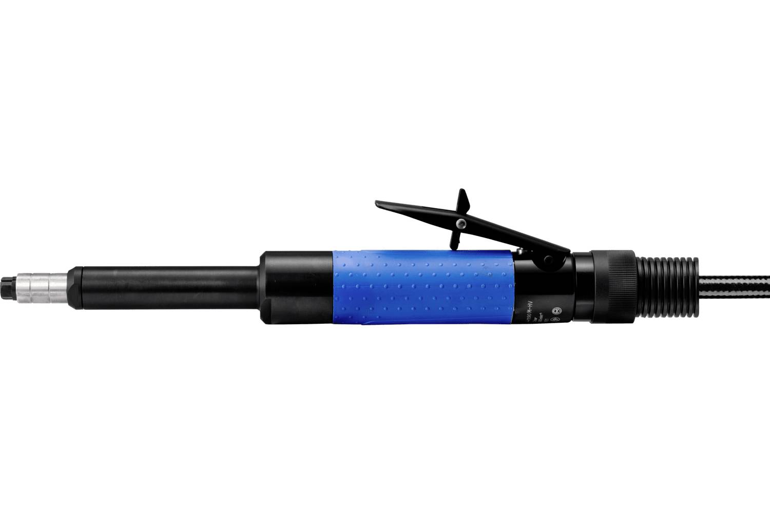 Handheld pneumatic tool with a black body and blue grip, shown side view against a white background.