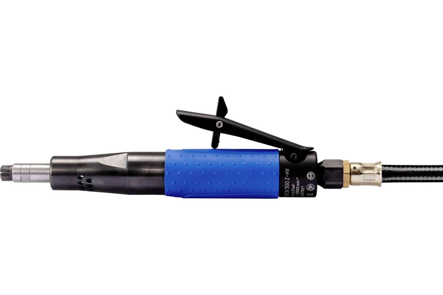 Pneumatic handheld rotary tool with blue grip, black body, and attached air hose on a white background.