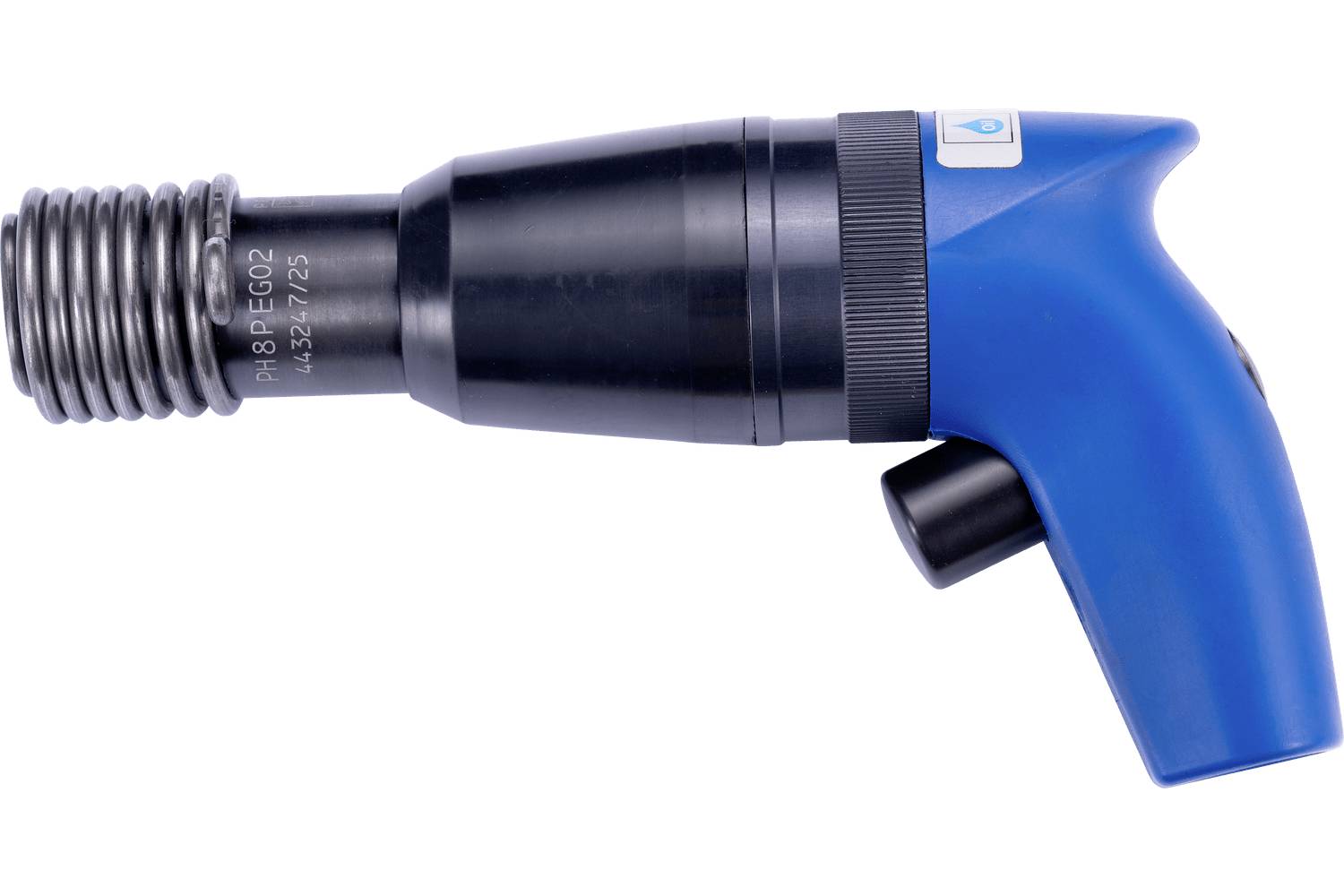 Blue-and-black handheld industrial nozzle or tool attachment with a curved handle and ribbed hose connector on a white background.