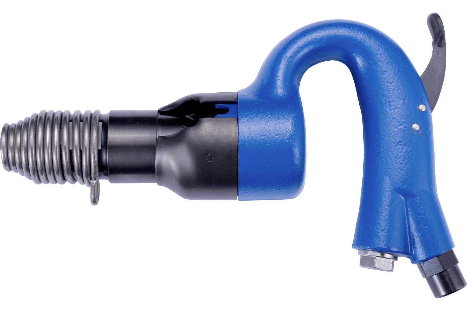 Blue pneumatic air hammer drill bit tool with a ribbed metal front and black handle on a white background