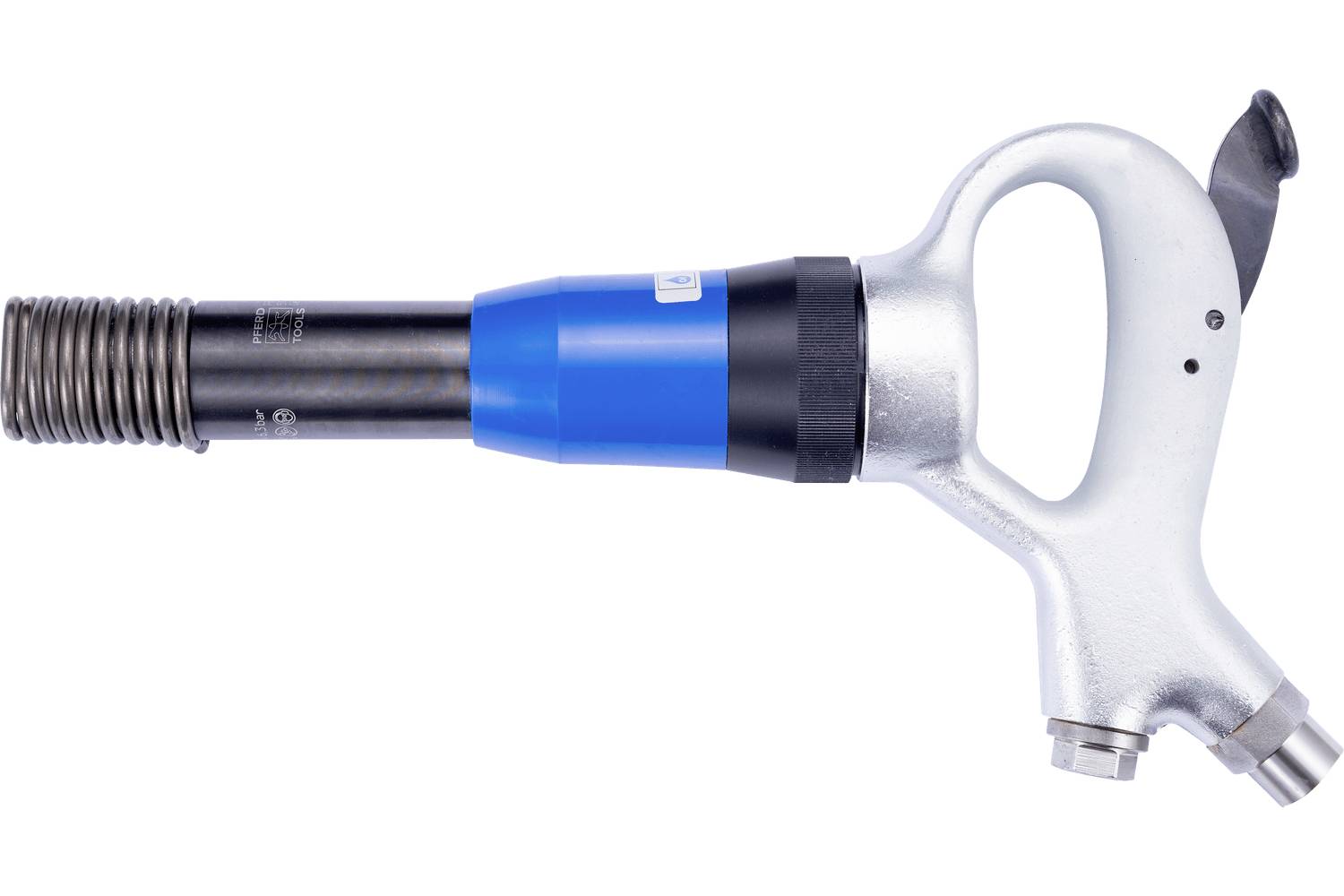 Pneumatic demolition hammer with black chisel bit and silver handle, shown in side view on a white background.