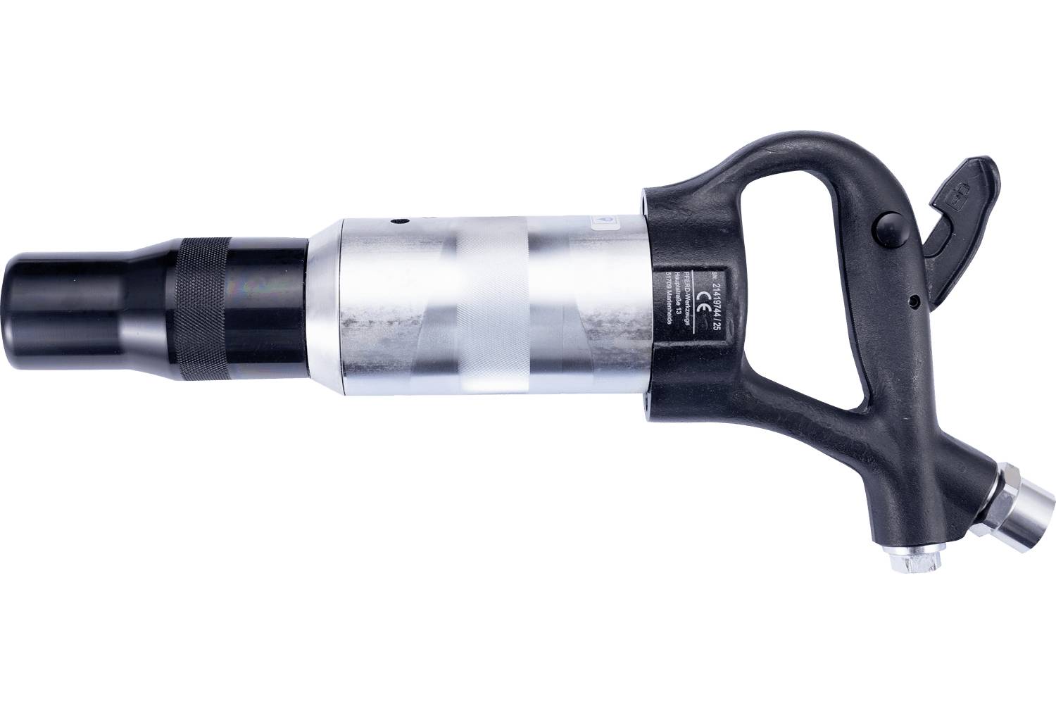 Side view of a pneumatic impact wrench with a long socket attachment, black handle, and metal body on a white background.