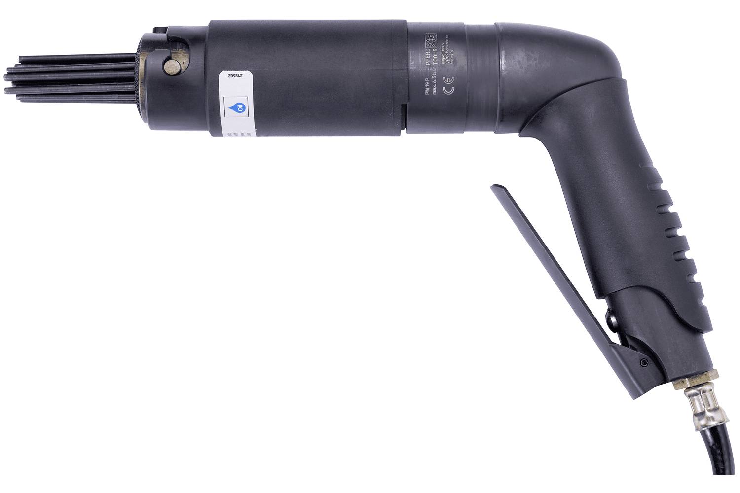 Black pneumatic right-angle needle scaler with attached air hose on a white background.