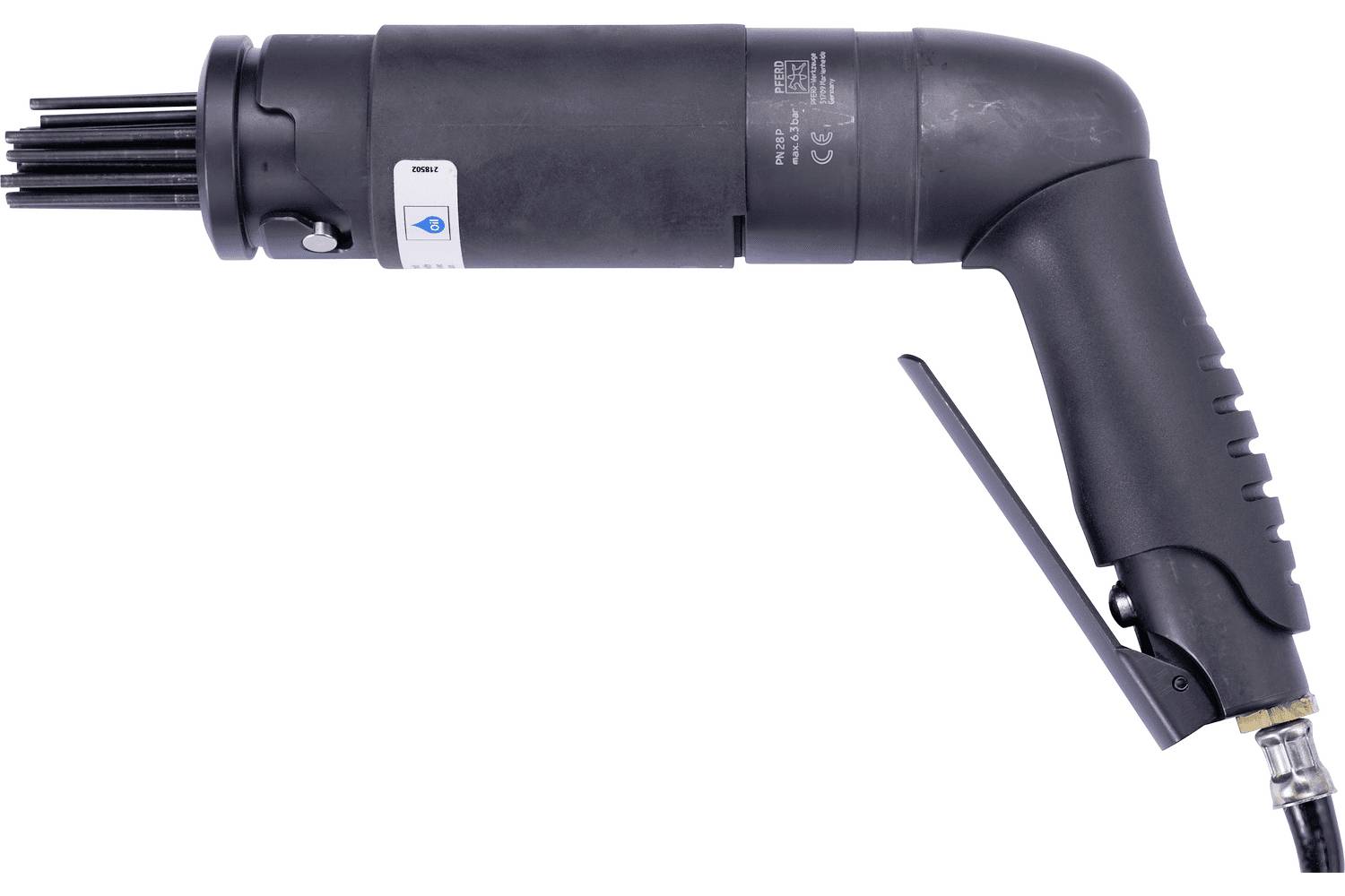 Black pneumatic needle scaler with pistol grip and air hose attached, shown on a white background.