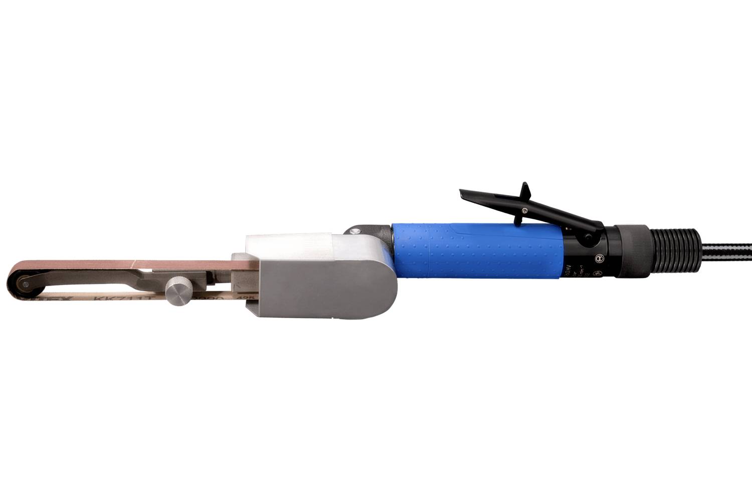 A handheld electric file with a blue grip, black power cord, and narrow sanding belt on a white background.