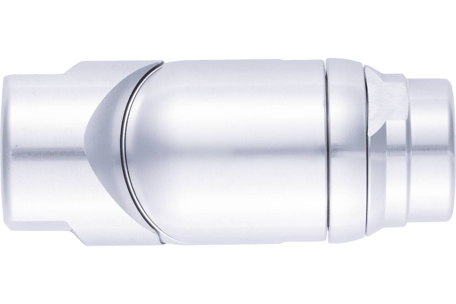Side view of a silver cylindrical metal fitting or connector with a tapered end and smooth rounded body on a white background
