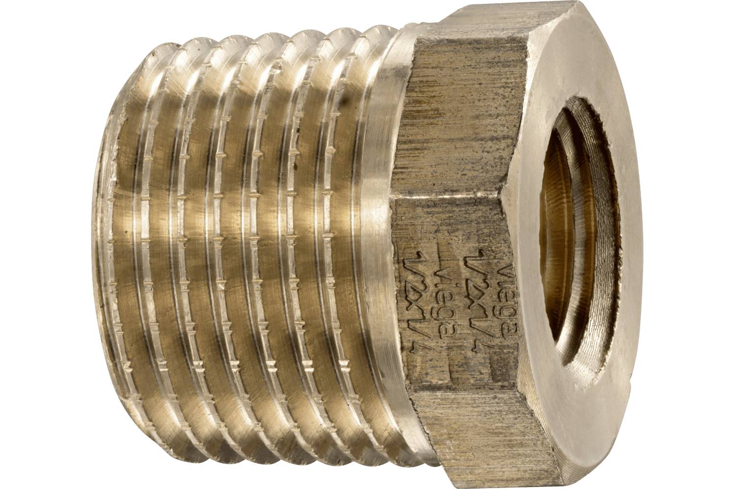 Brass threaded pipe fitting adapter with hexagonal center and internal female threads, isolated on white background.