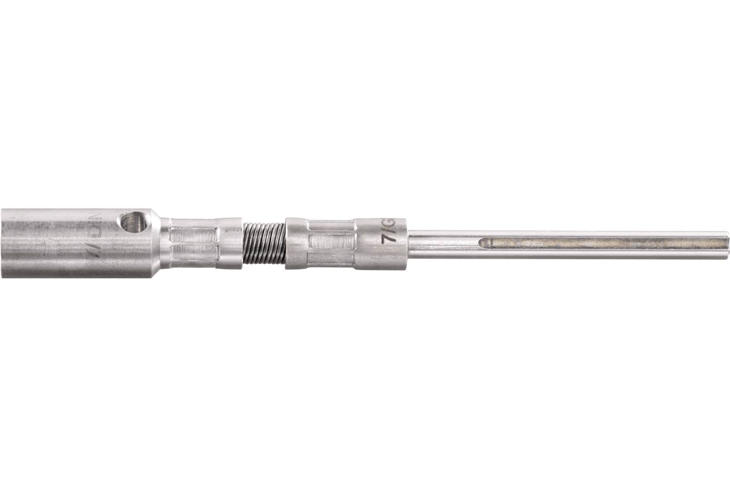 Metallic probe or sensor with a long thin shaft on a white background.