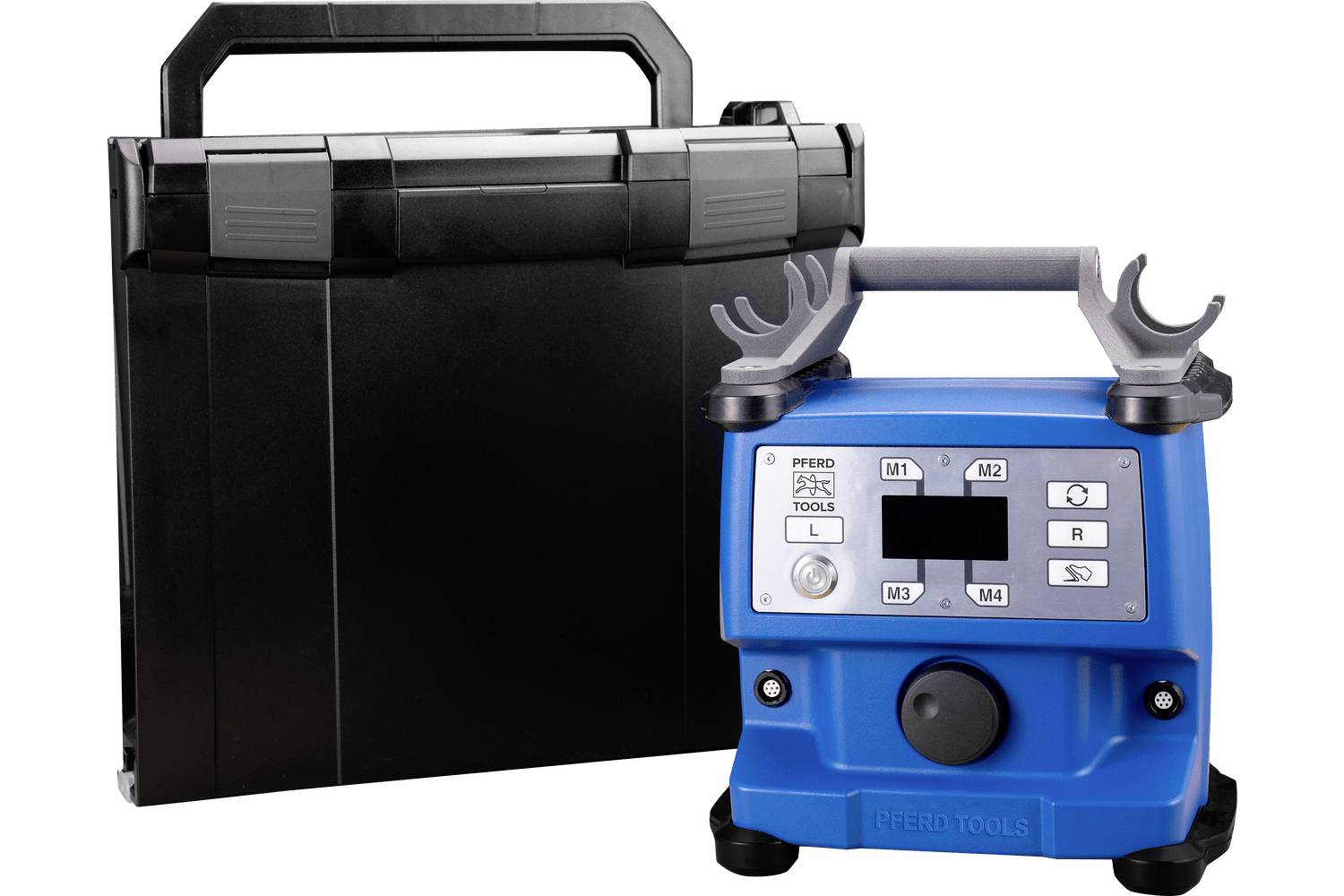 Blue portable tool calibrator with display, controls, and handle in front of a black carrying case, shown on a white background