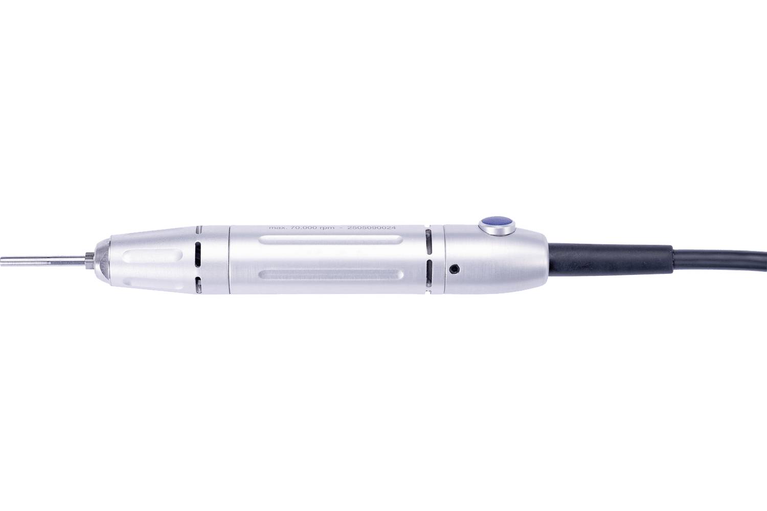 Silver electric handpiece with a black cable, shown in profile on a white background.