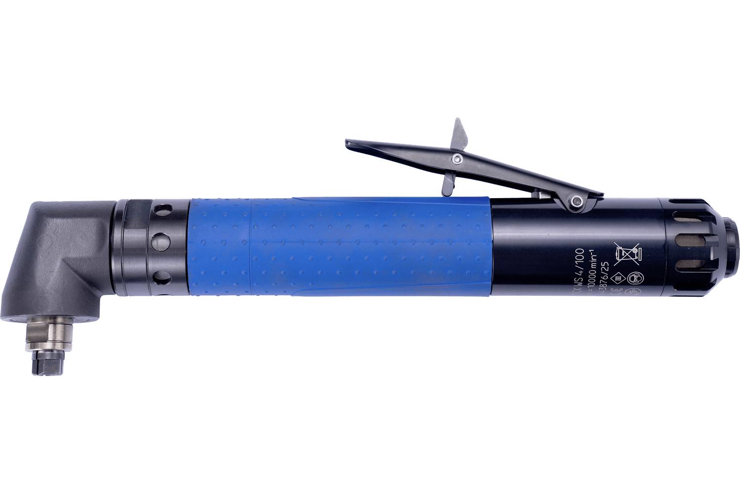 Right-angle pneumatic drill with blue grip and chuck attachment, shown side view on a white background.