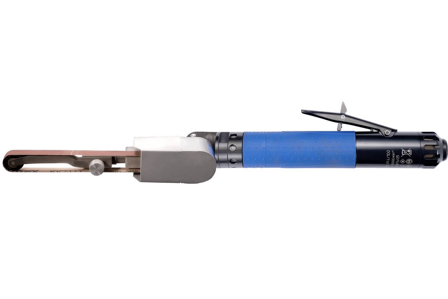 Handheld electric nail file or rotary tool with blue grip and metal sanding head, shown on a white background.