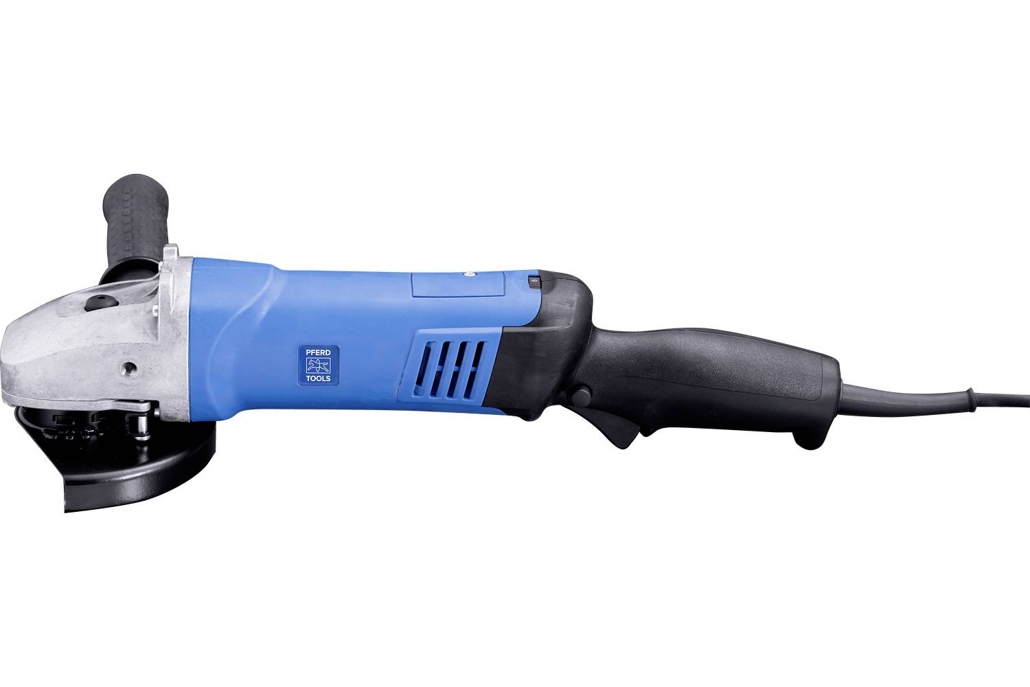Blue and black electric angle grinder with attached cord, shown in side view on a white background.