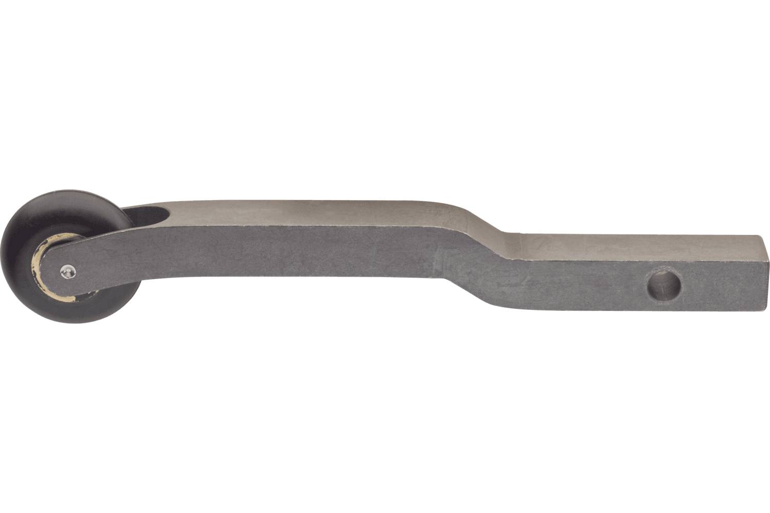 Metal lever arm with a small wheel at one end and a mounting hole at the other, shown on a white background.