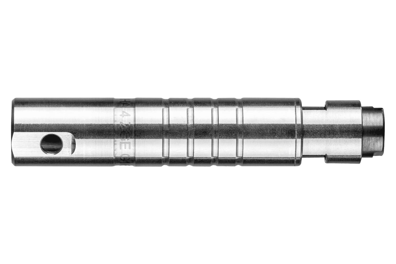 Metal cylindrical mechanical part with a side hole and stepped end, shown isolated on a white background.